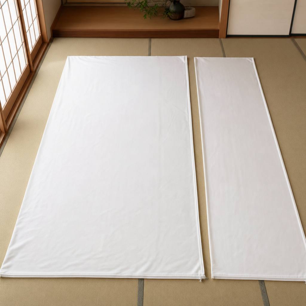 掛け布団カバーと敷き布団カバーを広げて大きさを比べた様子