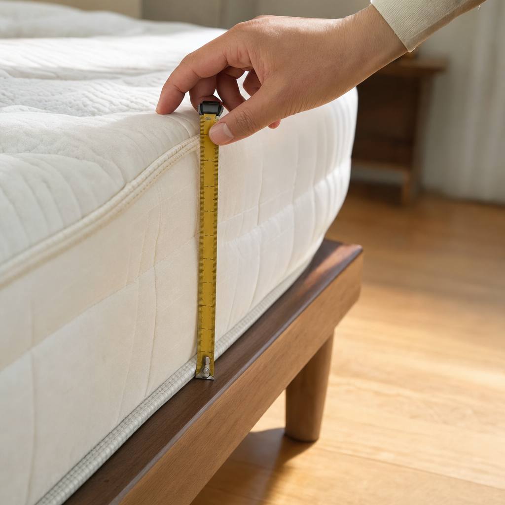 メジャーでマットレスの厚みを測っている手元