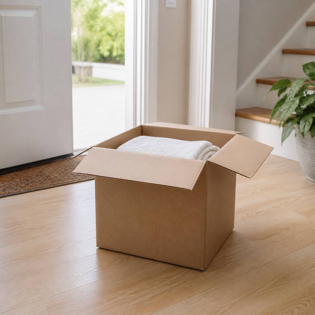 届いた寝具の箱を開けた玄関先の様子