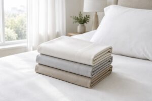 ベッドに重ねた3色の枕カバーと枕